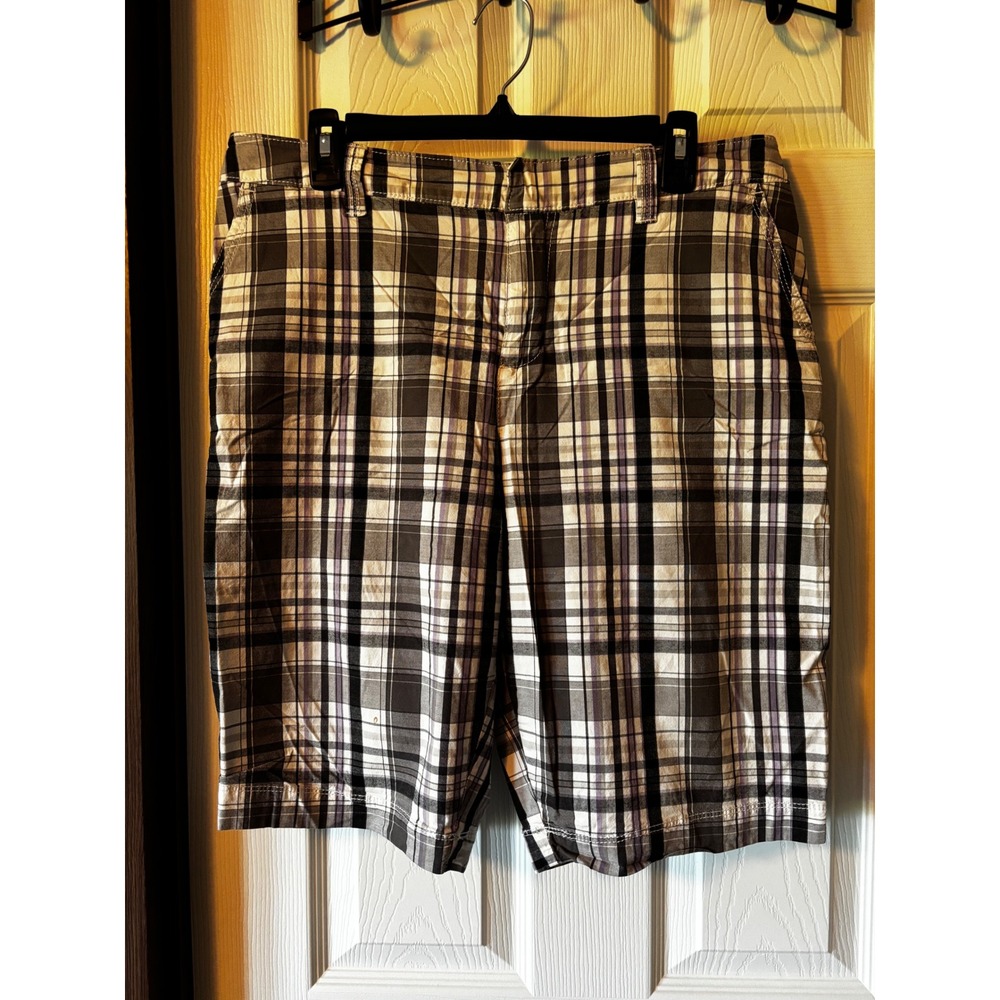 Sonoma Life + Style Plaid Shorts‎ Purple Grey White Flat Front Mens Size 12